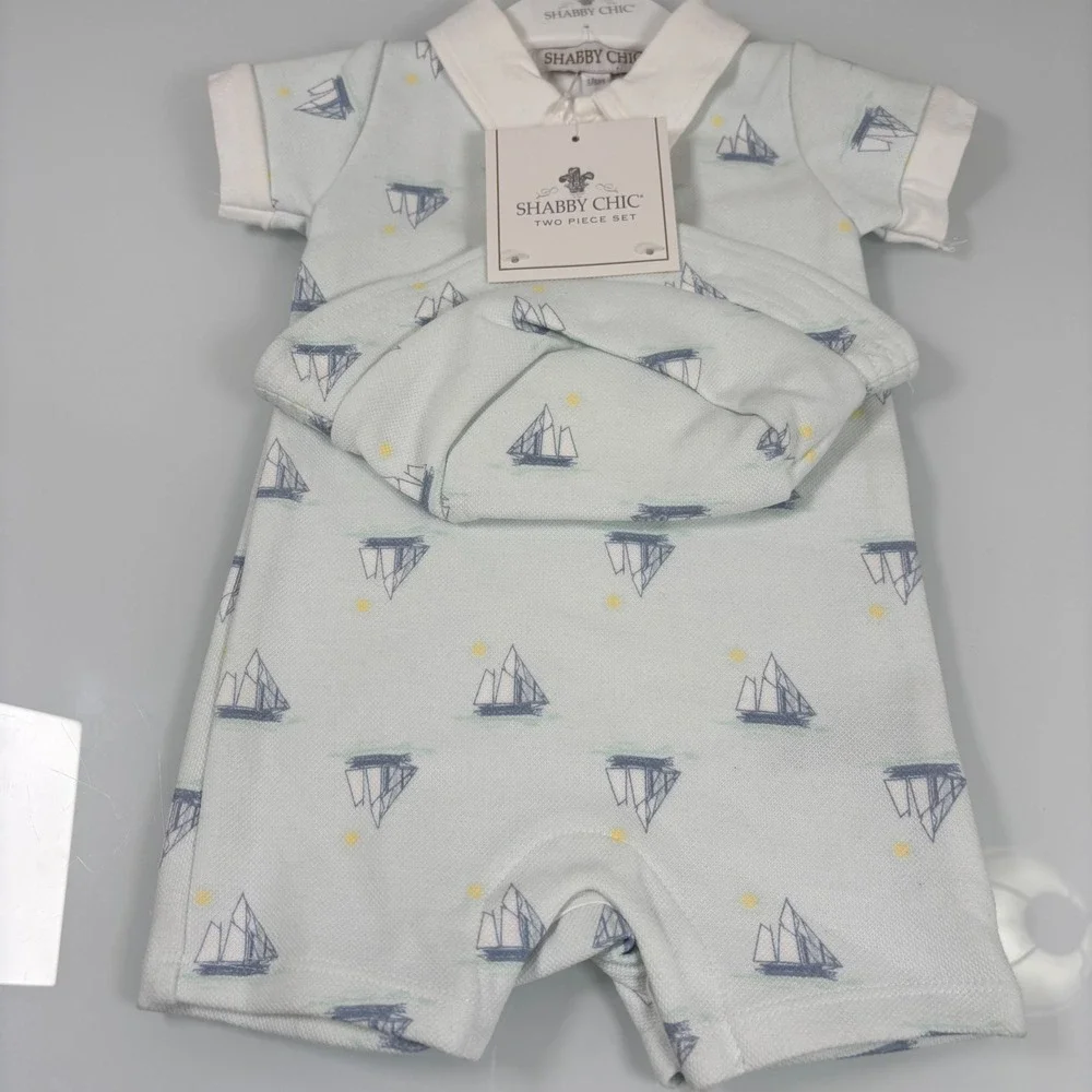 Shabby Chic Kids 3/6M Blue Sailboat Romper Hat Set NEW Nautical Snap Romper